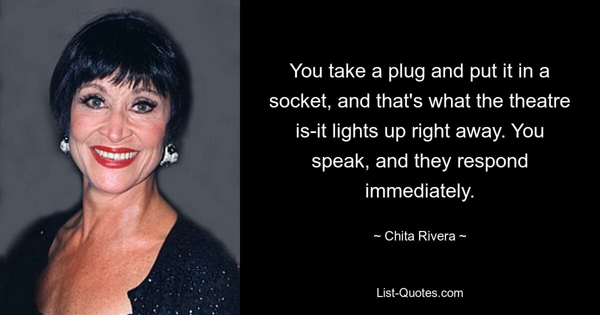 You take a plug and put it in a socket, and that's what the theatre is-it lights up right away. You speak, and they respond immediately. — © Chita Rivera