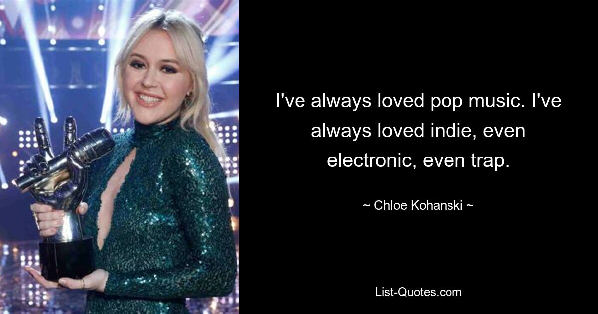 I've always loved pop music. I've always loved indie, even electronic, even trap. — © Chloe Kohanski