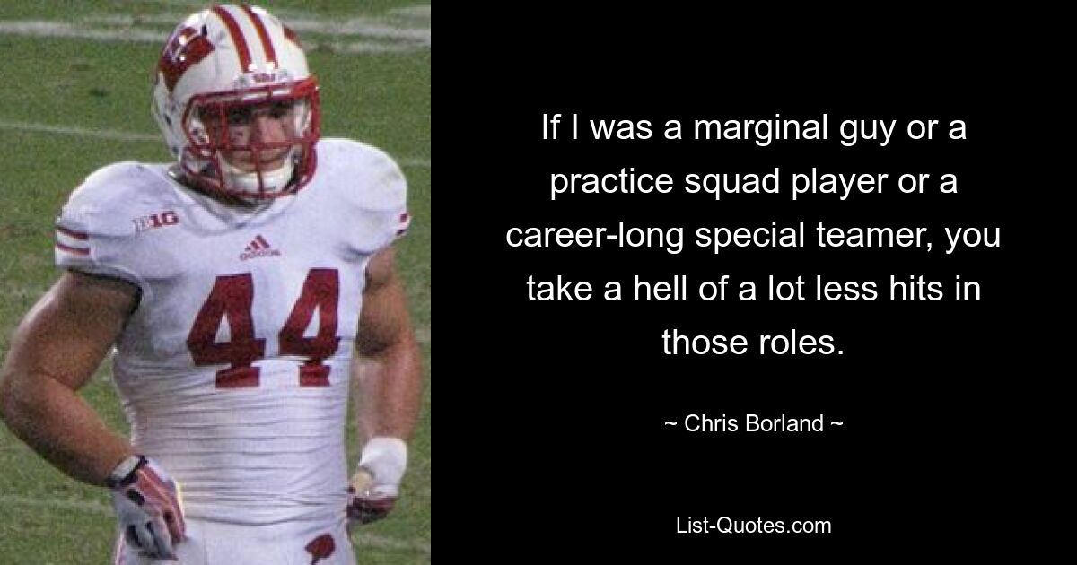 If I was a marginal guy or a practice squad player or a career-long special teamer, you take a hell of a lot less hits in those roles. — © Chris Borland