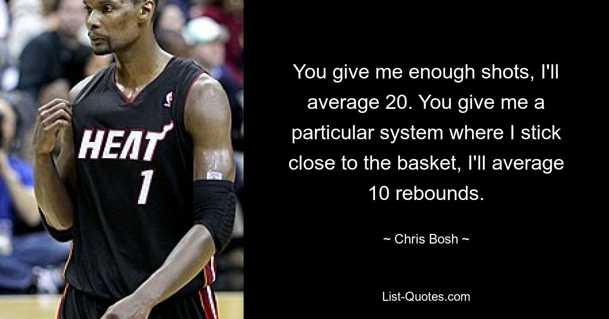 You give me enough shots, I'll average 20. You give me a particular system where I stick close to the basket, I'll average 10 rebounds. — © Chris Bosh