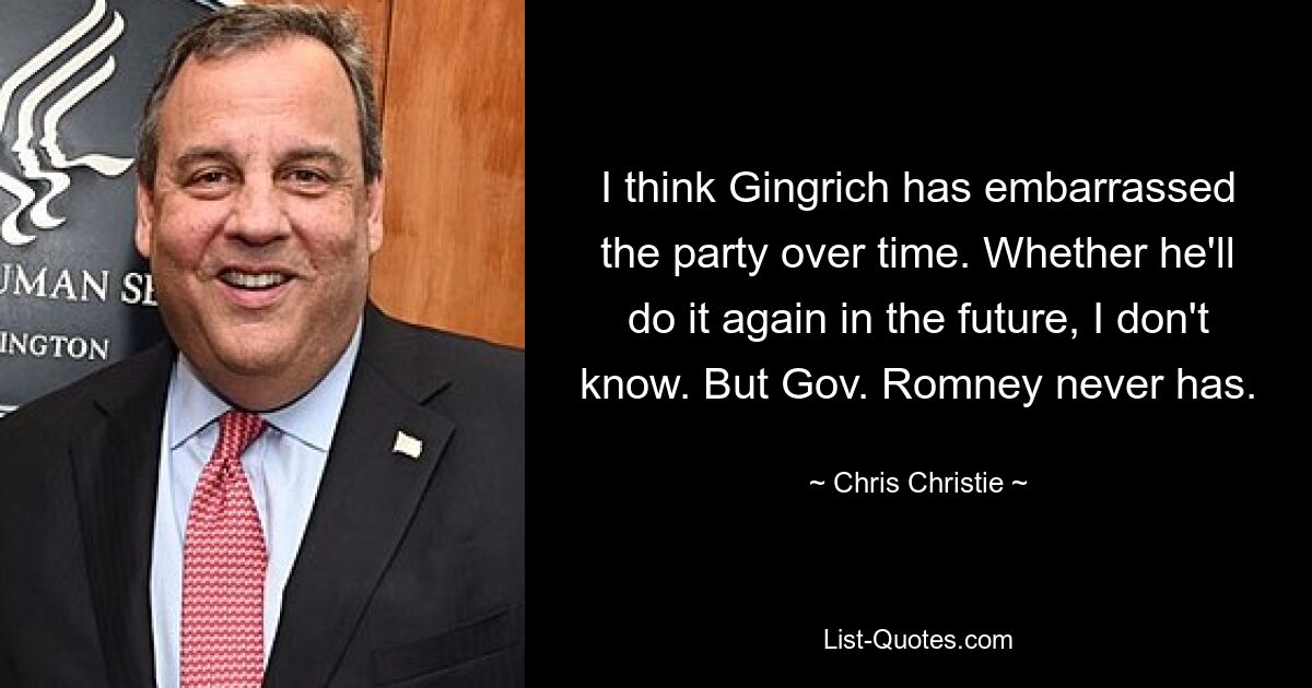 I think Gingrich has embarrassed the party over time. Whether he'll do it again in the future, I don't know. But Gov. Romney never has. — © Chris Christie