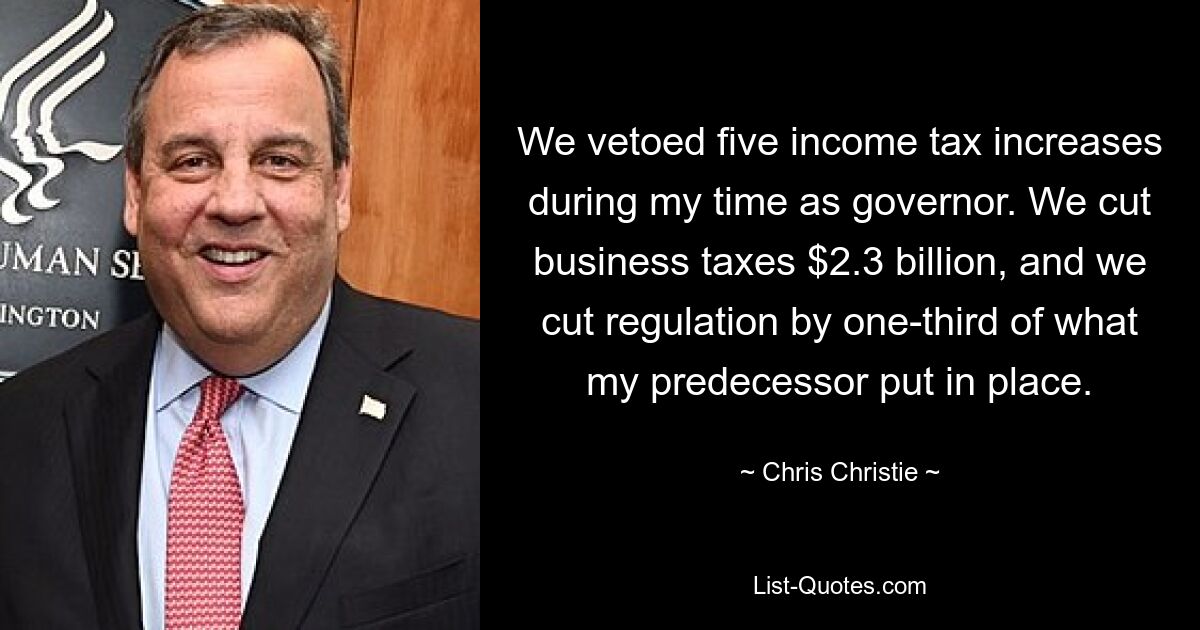 We vetoed five income tax increases during my time as governor. We cut business taxes $2.3 billion, and we cut regulation by one-third of what my predecessor put in place. — © Chris Christie