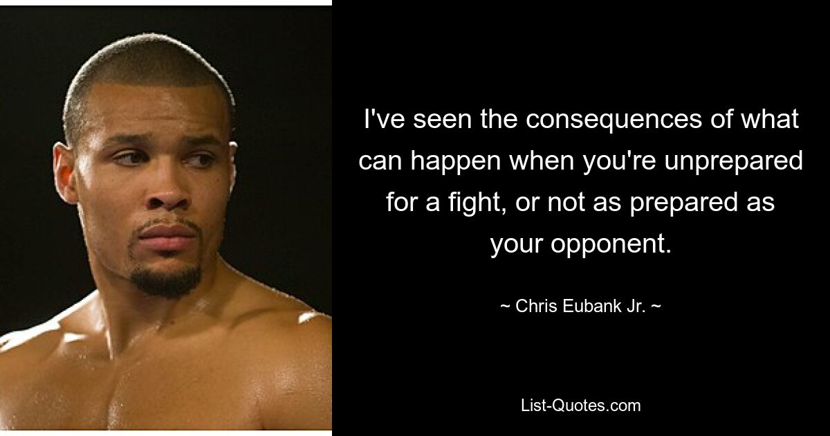 I've seen the consequences of what can happen when you're unprepared for a fight, or not as prepared as your opponent. — © Chris Eubank, Jr.