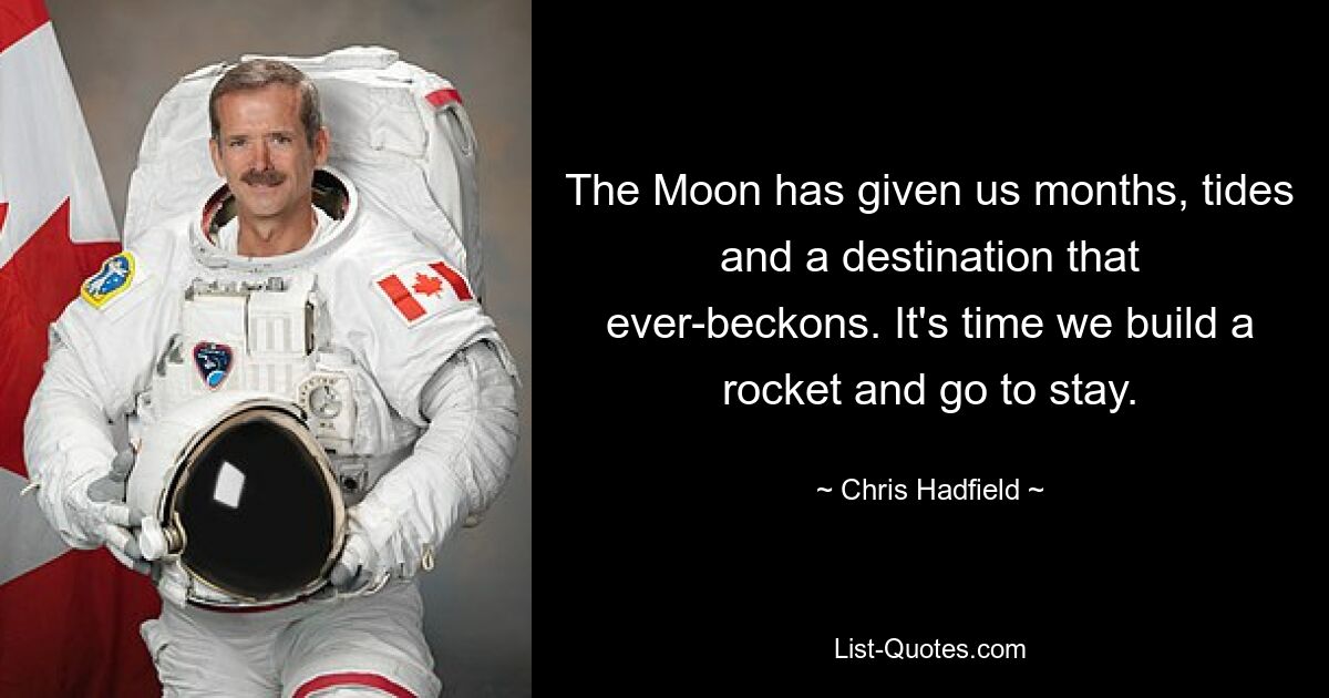 The Moon has given us months, tides and a destination that ever-beckons. It's time we build a rocket and go to stay. — © Chris Hadfield