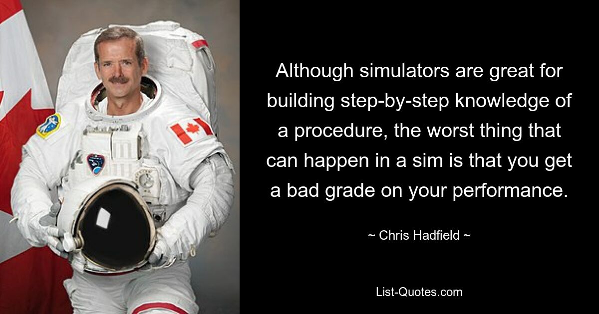 Although simulators are great for building step-by-step knowledge of a procedure, the worst thing that can happen in a sim is that you get a bad grade on your performance. — © Chris Hadfield