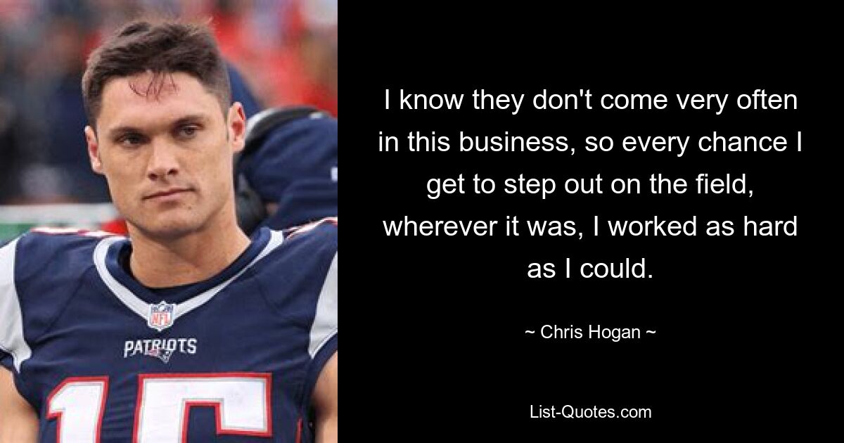 I know they don't come very often in this business, so every chance I get to step out on the field, wherever it was, I worked as hard as I could. — © Chris Hogan