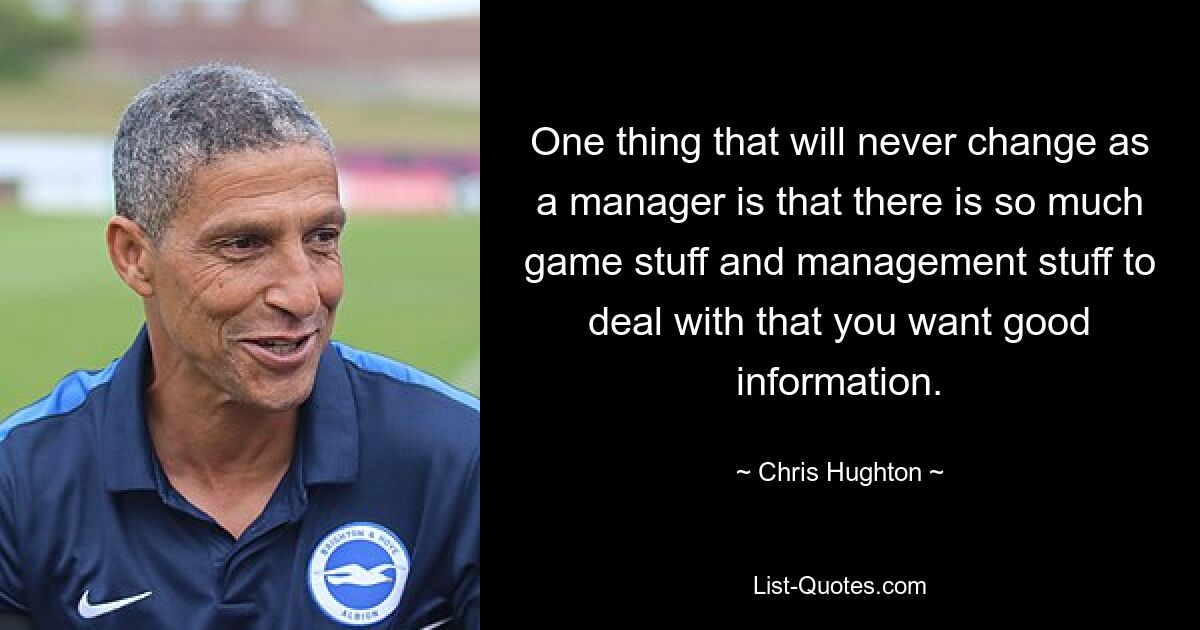 One thing that will never change as a manager is that there is so much game stuff and management stuff to deal with that you want good information. — © Chris Hughton