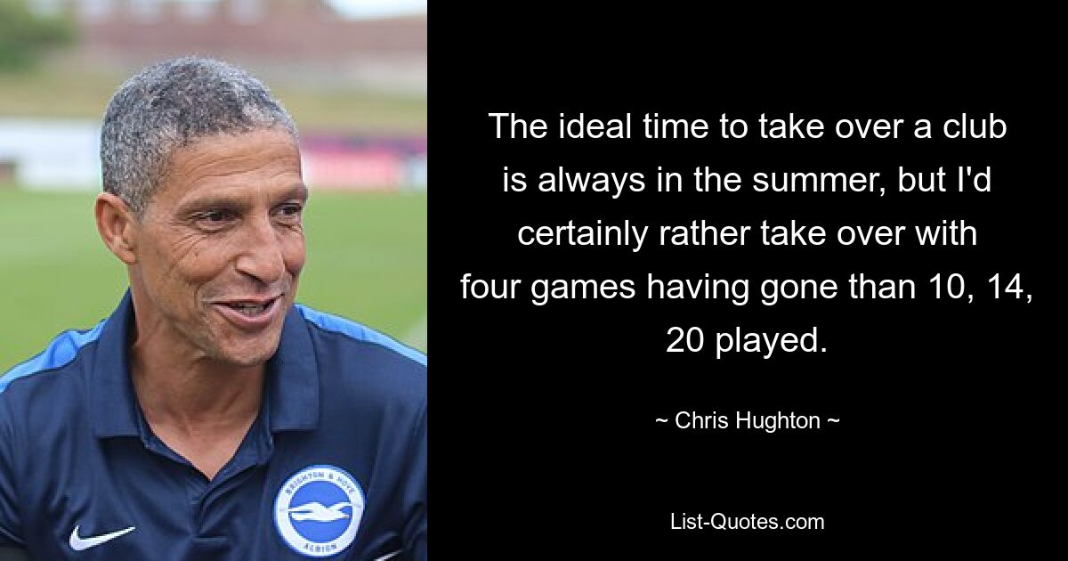 The ideal time to take over a club is always in the summer, but I'd certainly rather take over with four games having gone than 10, 14, 20 played. — © Chris Hughton