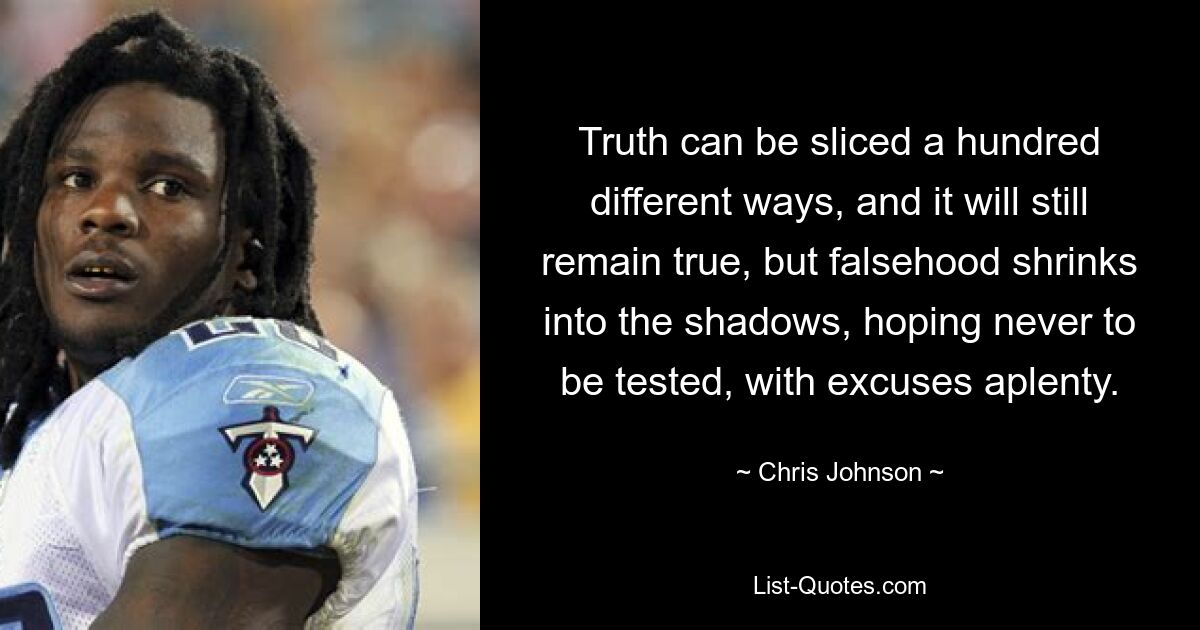 Truth can be sliced a hundred different ways, and it will still remain true, but falsehood shrinks into the shadows, hoping never to be tested, with excuses aplenty. — © Chris Johnson