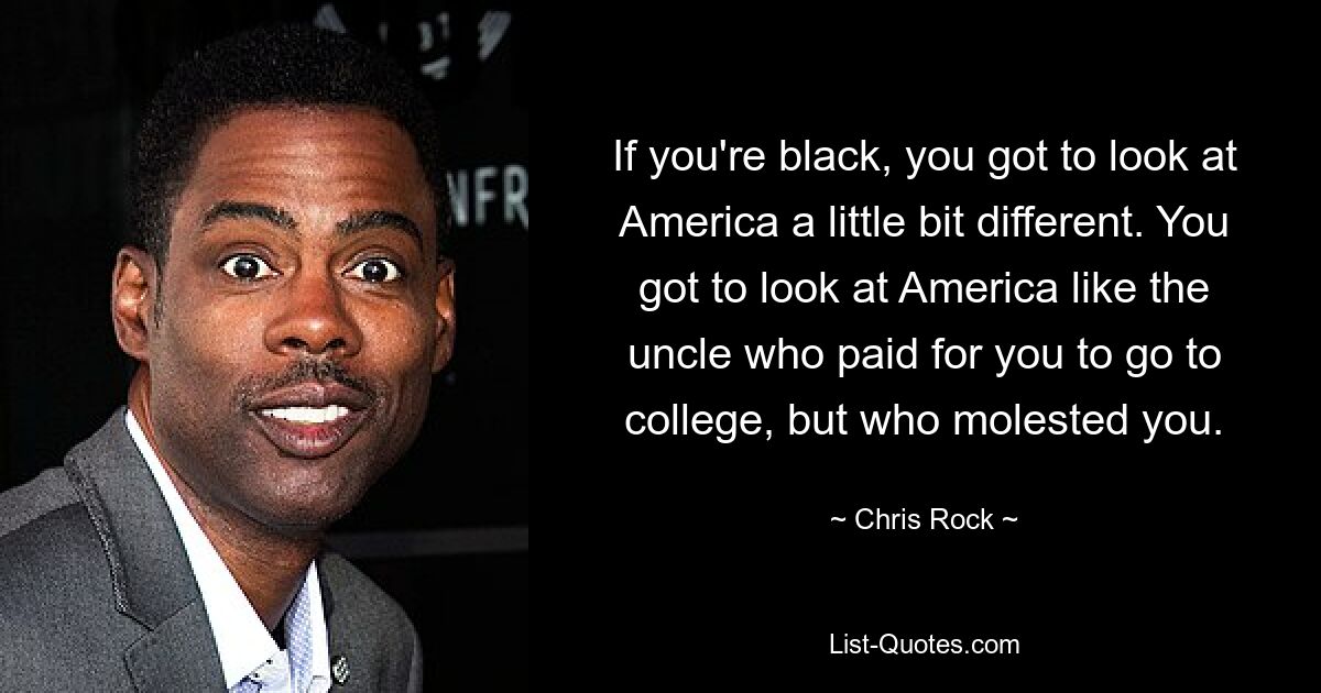 If you're black, you got to look at America a little bit different. You got to look at America like the uncle who paid for you to go to college, but who molested you. — © Chris Rock