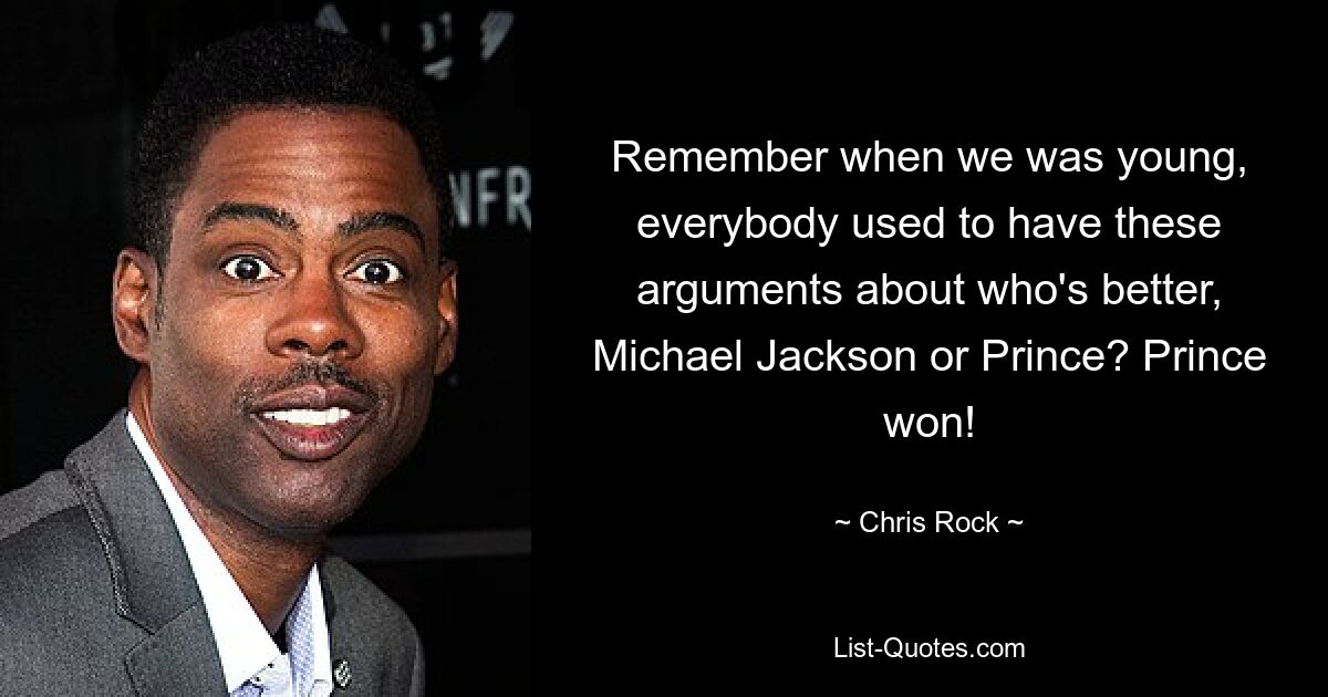 Remember when we was young, everybody used to have these arguments about who's better, Michael Jackson or Prince? Prince won! — © Chris Rock