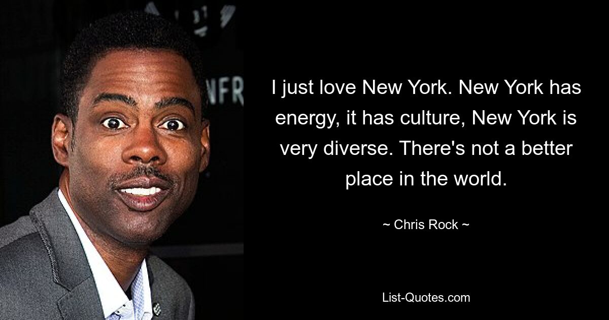 I just love New York. New York has energy, it has culture, New York is very diverse. There's not a better place in the world. — © Chris Rock