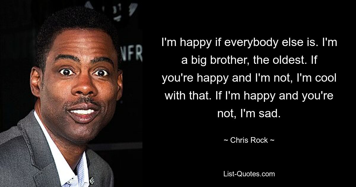 I'm happy if everybody else is. I'm a big brother, the oldest. If you're happy and I'm not, I'm cool with that. If I'm happy and you're not, I'm sad. — © Chris Rock