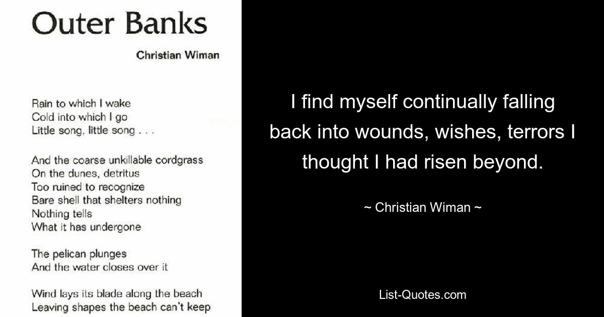 I find myself continually falling back into wounds, wishes, terrors I thought I had risen beyond. — © Christian Wiman