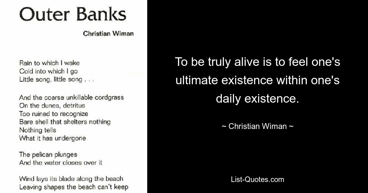 To be truly alive is to feel one's ultimate existence within one's daily existence. — © Christian Wiman