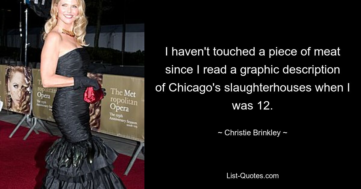 I haven't touched a piece of meat since I read a graphic description of Chicago's slaughterhouses when I was 12. — © Christie Brinkley