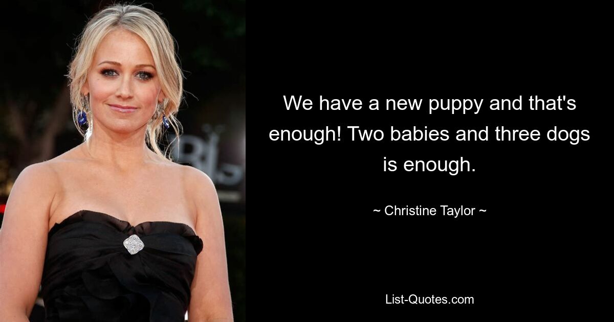 We have a new puppy and that's enough! Two babies and three dogs is enough. — © Christine Taylor