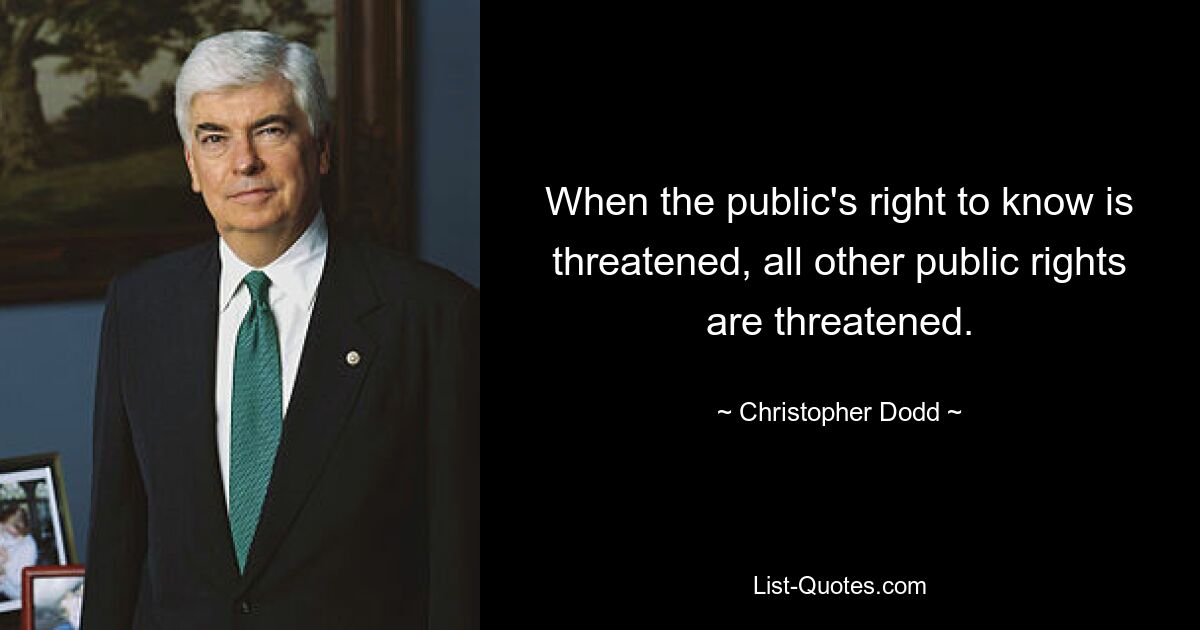 When the public's right to know is threatened, all other public rights are threatened. — © Christopher Dodd