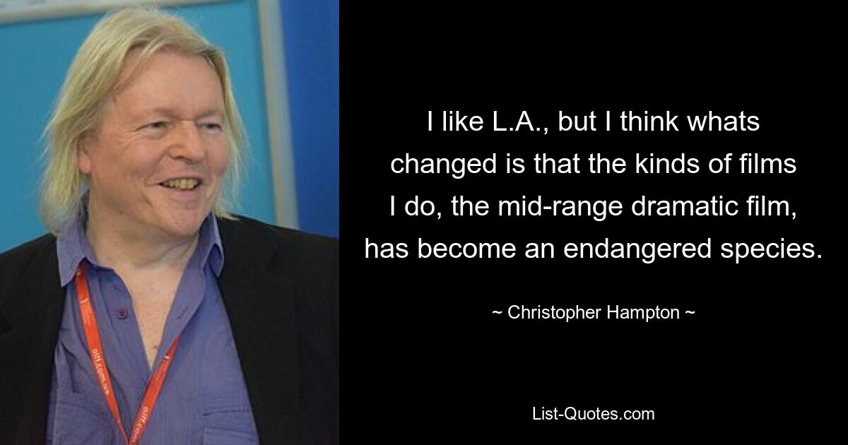 Ich mag LA, aber ich denke, was sich geändert hat, ist, dass die Art von Filmen, die ich mache, der mittelklassige dramatische Film, zu einer vom Aussterben bedrohten Spezies geworden ist. — © Christopher Hampton 