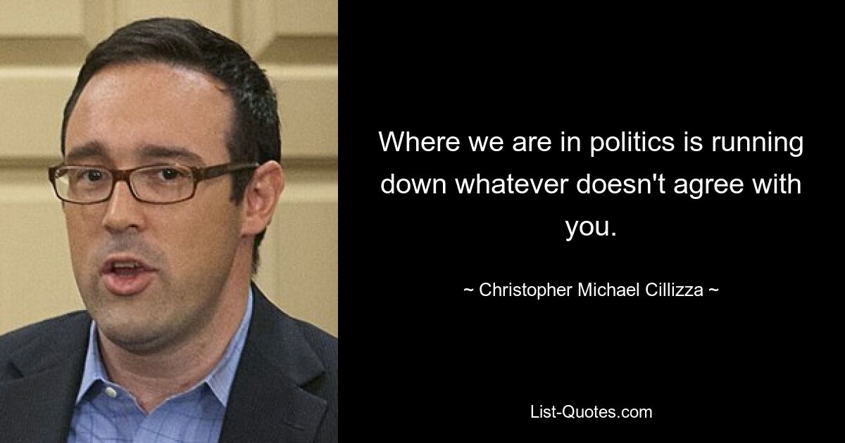 Where we are in politics is running down whatever doesn't agree with you. — © Christopher Michael Cillizza