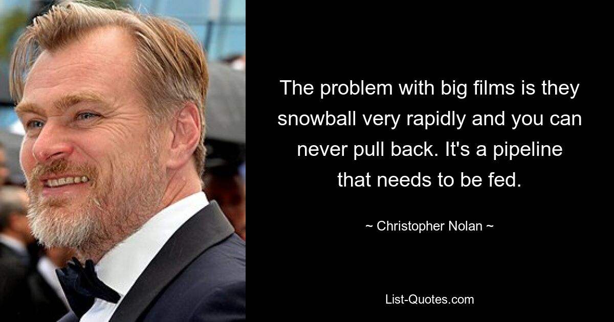 The problem with big films is they snowball very rapidly and you can never pull back. It's a pipeline that needs to be fed. — © Christopher Nolan