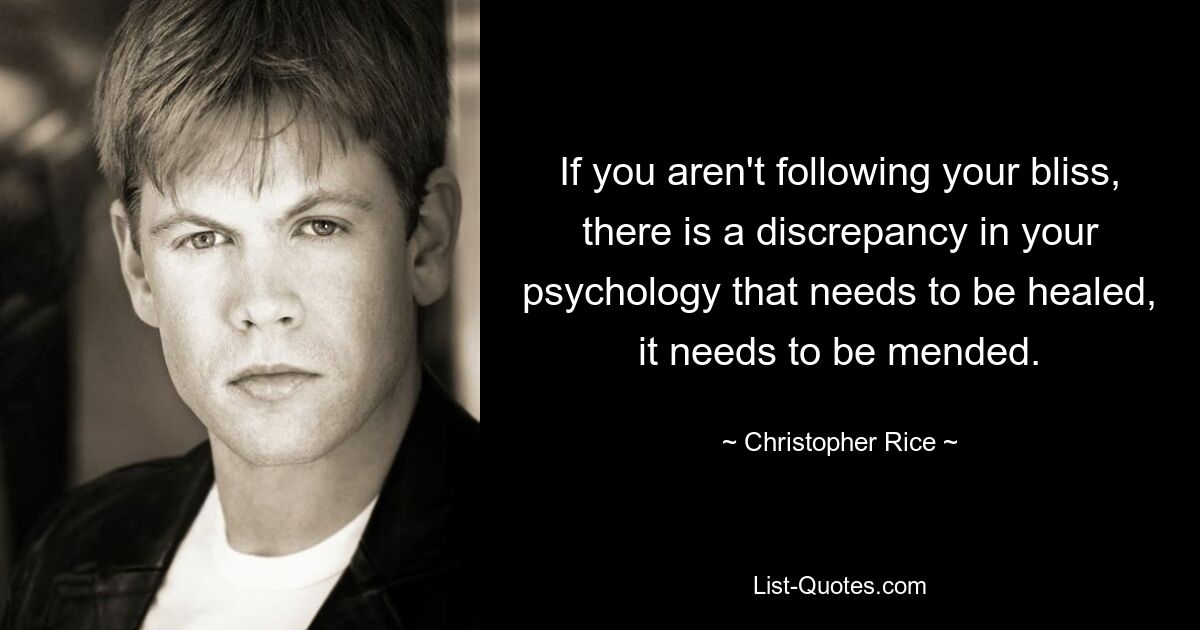 If you aren't following your bliss, there is a discrepancy in your psychology that needs to be healed, it needs to be mended. — © Christopher Rice