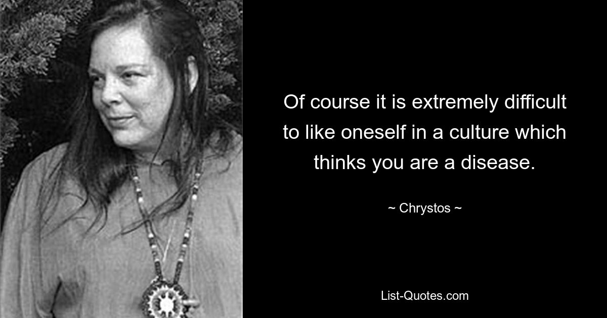 Of course it is extremely difficult to like oneself in a culture which thinks you are a disease. — © Chrystos