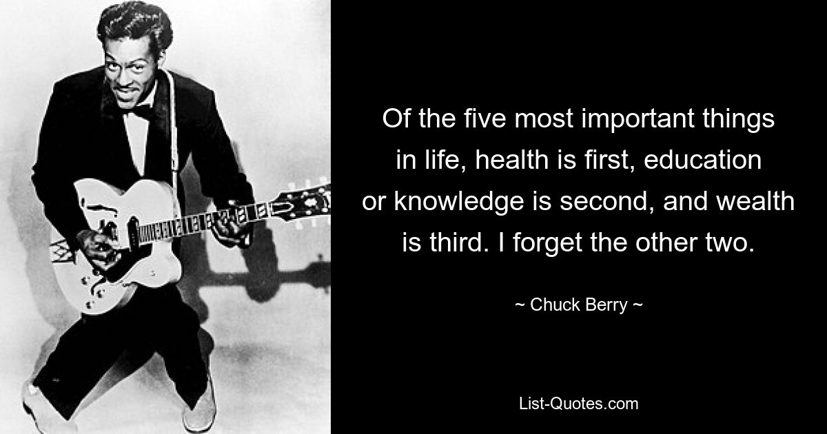 Of the five most important things in life, health is first, education or knowledge is second, and wealth is third. I forget the other two. — © Chuck Berry