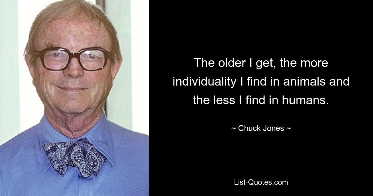 The older I get, the more individuality I find in animals and the less I find in humans. — © Chuck Jones