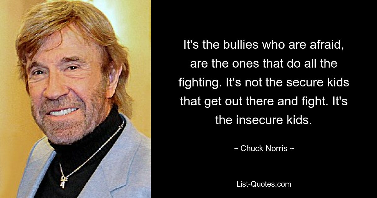 It's the bullies who are afraid, are the ones that do all the fighting. It's not the secure kids that get out there and fight. It's the insecure kids. — © Chuck Norris