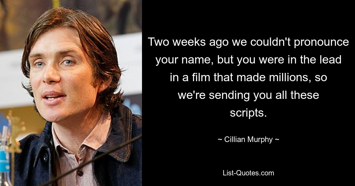 Two weeks ago we couldn't pronounce your name, but you were in the lead in a film that made millions, so we're sending you all these scripts. — © Cillian Murphy