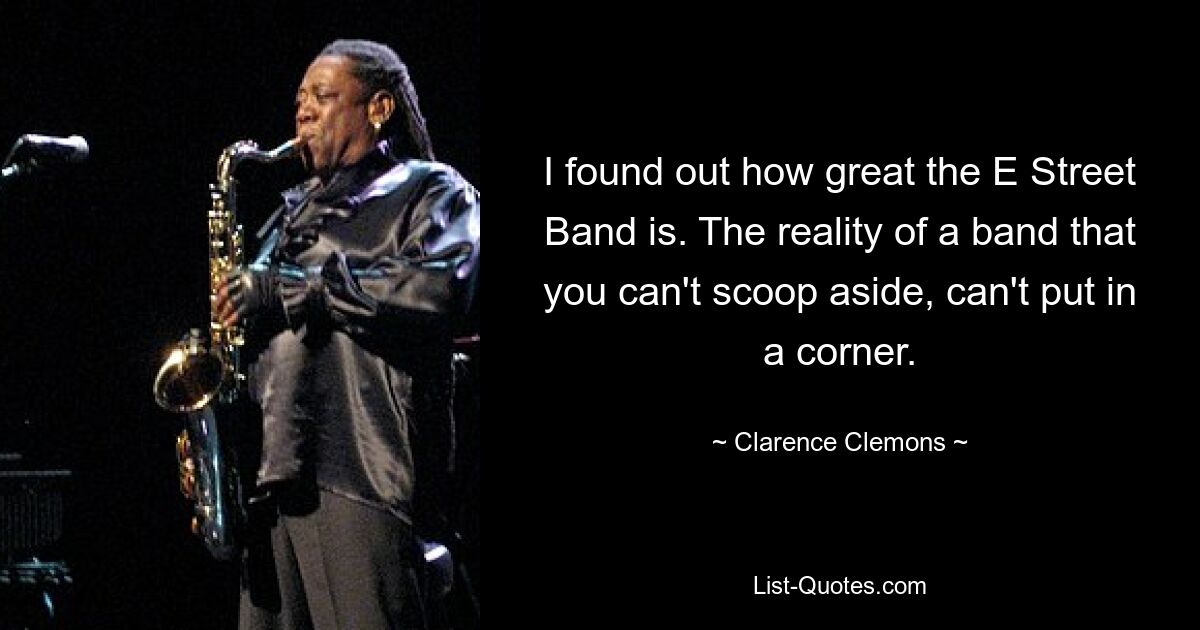 Ich habe herausgefunden, wie großartig die E Street Band ist. Die Realität einer Band, die man nicht beiseiteschieben und in die Ecke schieben kann. — © Clarence Clemons 