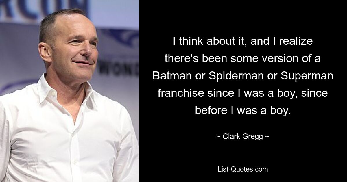 I think about it, and I realize there's been some version of a Batman or Spiderman or Superman franchise since I was a boy, since before I was a boy. — © Clark Gregg