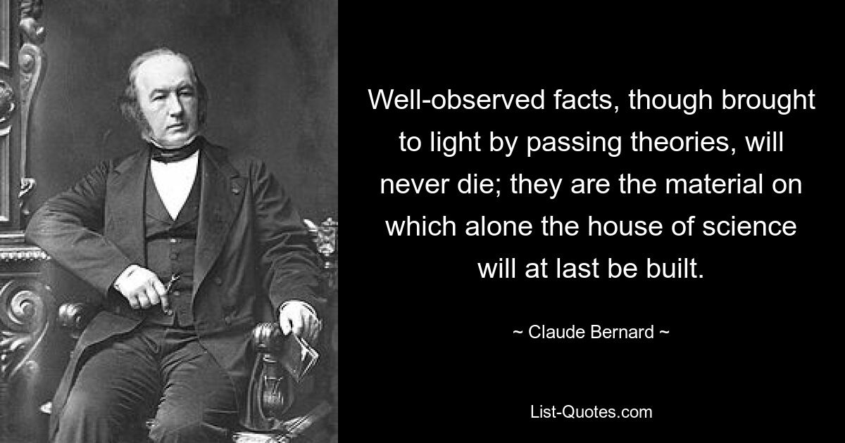 Well-observed facts, though brought to light by passing theories, will never die; they are the material on which alone the house of science will at last be built. — © Claude Bernard