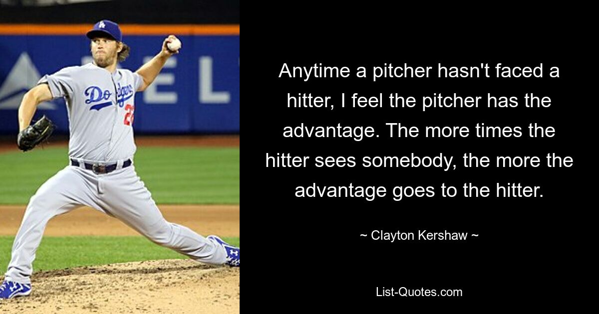 Anytime a pitcher hasn't faced a hitter, I feel the pitcher has the advantage. The more times the hitter sees somebody, the more the advantage goes to the hitter. — © Clayton Kershaw