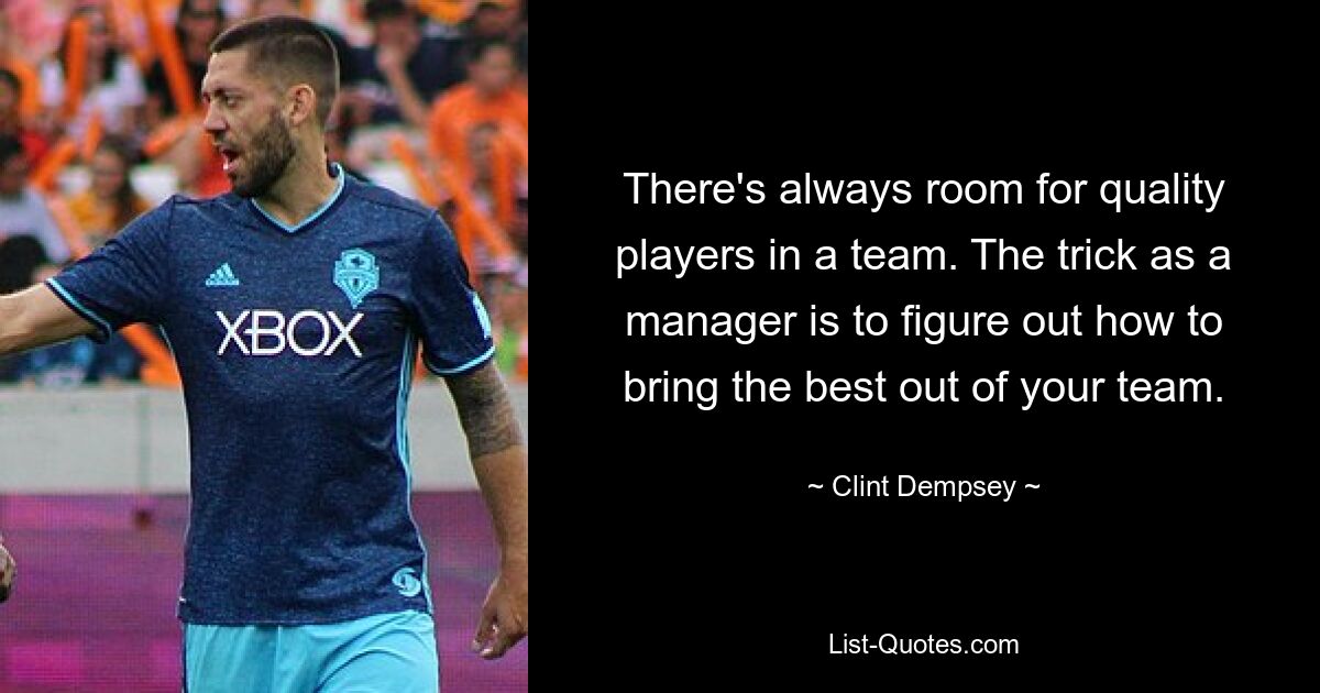 There's always room for quality players in a team. The trick as a manager is to figure out how to bring the best out of your team. — © Clint Dempsey