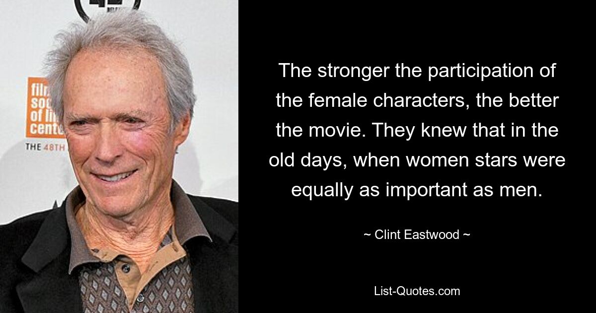 The stronger the participation of the female characters, the better the movie. They knew that in the old days, when women stars were equally as important as men. — © Clint Eastwood