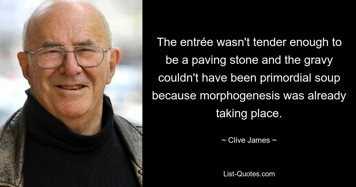 The entrée wasn't tender enough to be a paving stone and the gravy couldn't have been primordial soup because morphogenesis was already taking place. — © Clive James