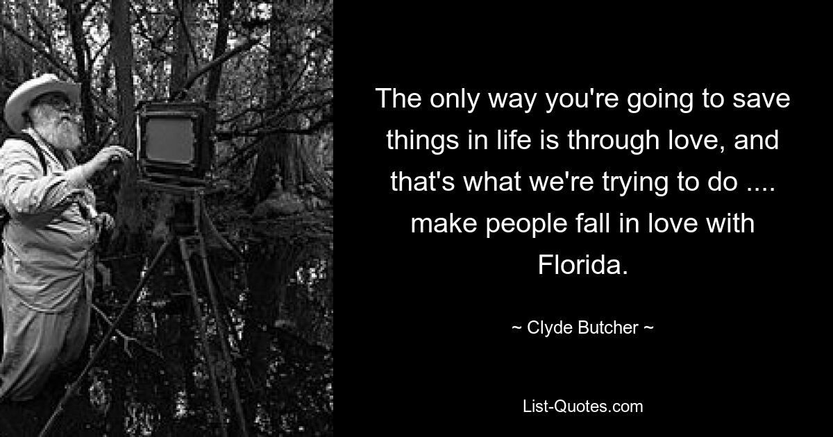 The only way you're going to save things in life is through love, and that's what we're trying to do .... make people fall in love with Florida. — © Clyde Butcher