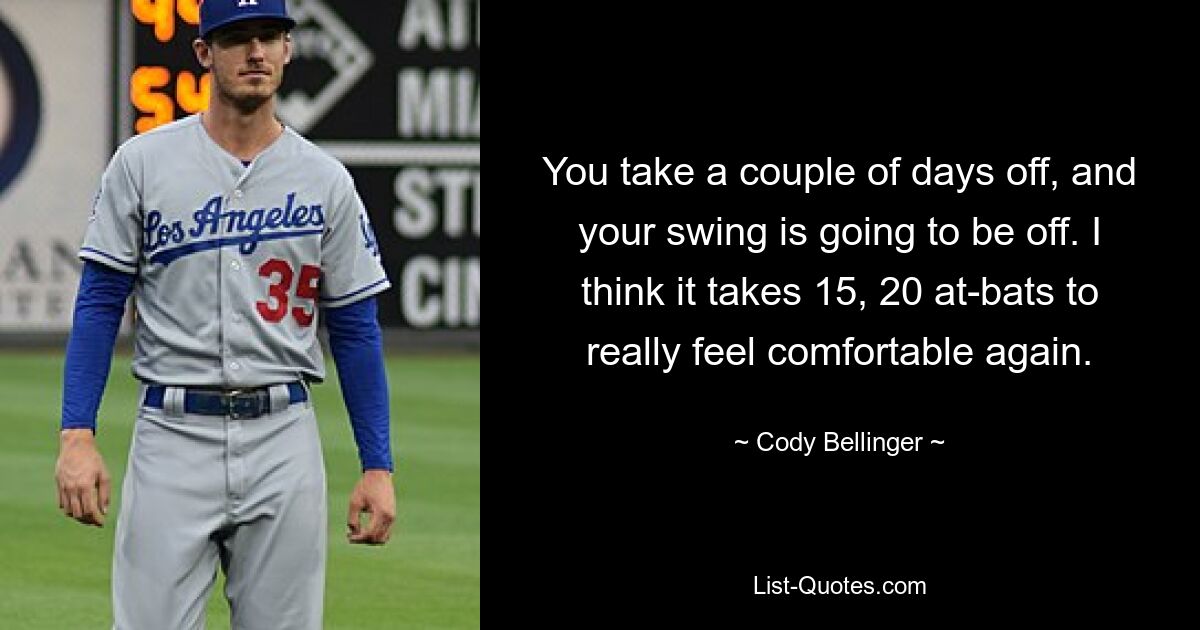 You take a couple of days off, and your swing is going to be off. I think it takes 15, 20 at-bats to really feel comfortable again. — © Cody Bellinger