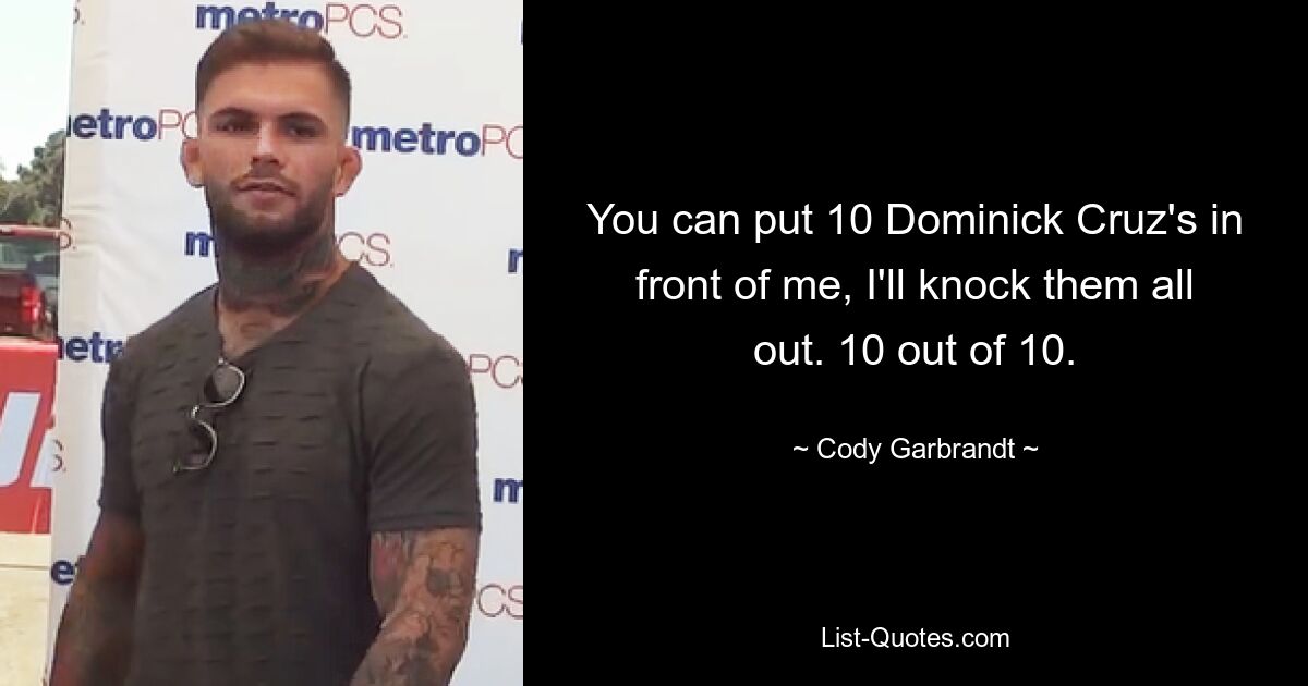 You can put 10 Dominick Cruz's in front of me, I'll knock them all out. 10 out of 10. — © Cody Garbrandt