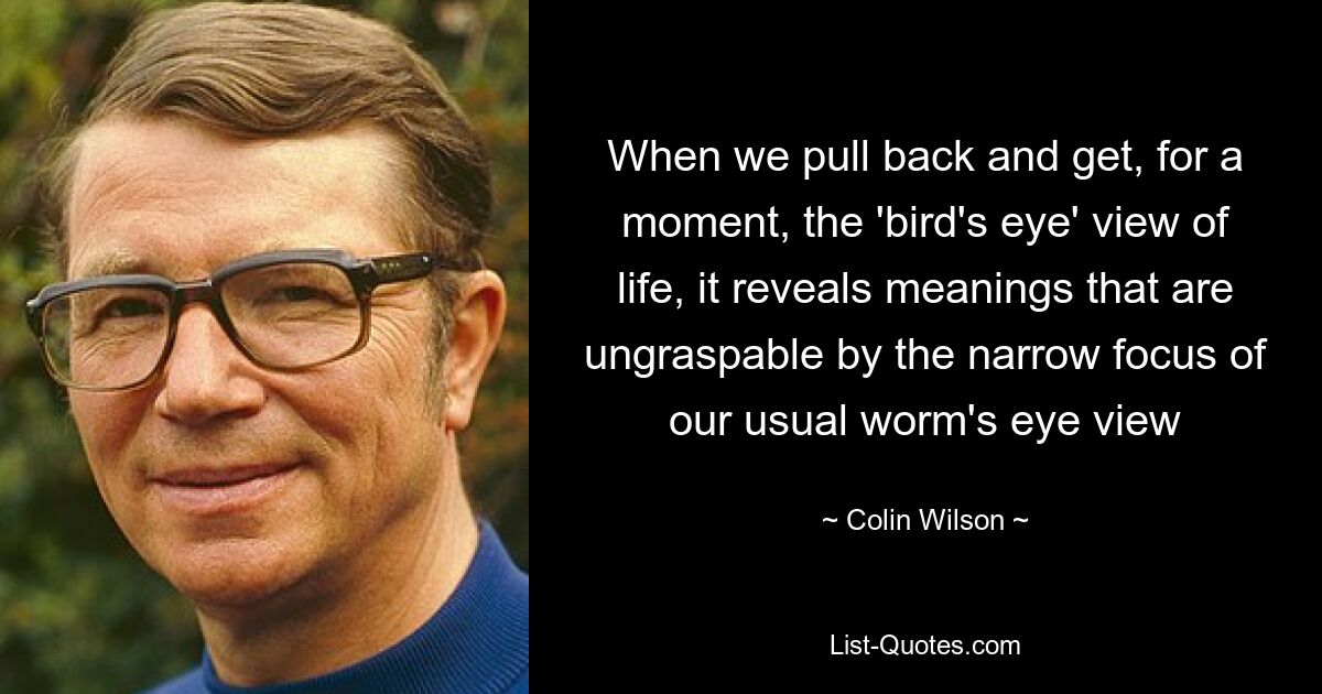 When we pull back and get, for a moment, the 'bird's eye' view of life, it reveals meanings that are ungraspable by the narrow focus of our usual worm's eye view — © Colin Wilson