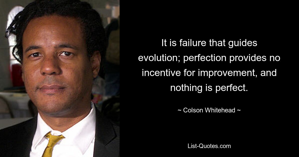 Es ist das Scheitern, das die Evolution leitet; Perfektion bietet keinen Anreiz zur Verbesserung, und nichts ist perfekt. — © Colson Whitehead 