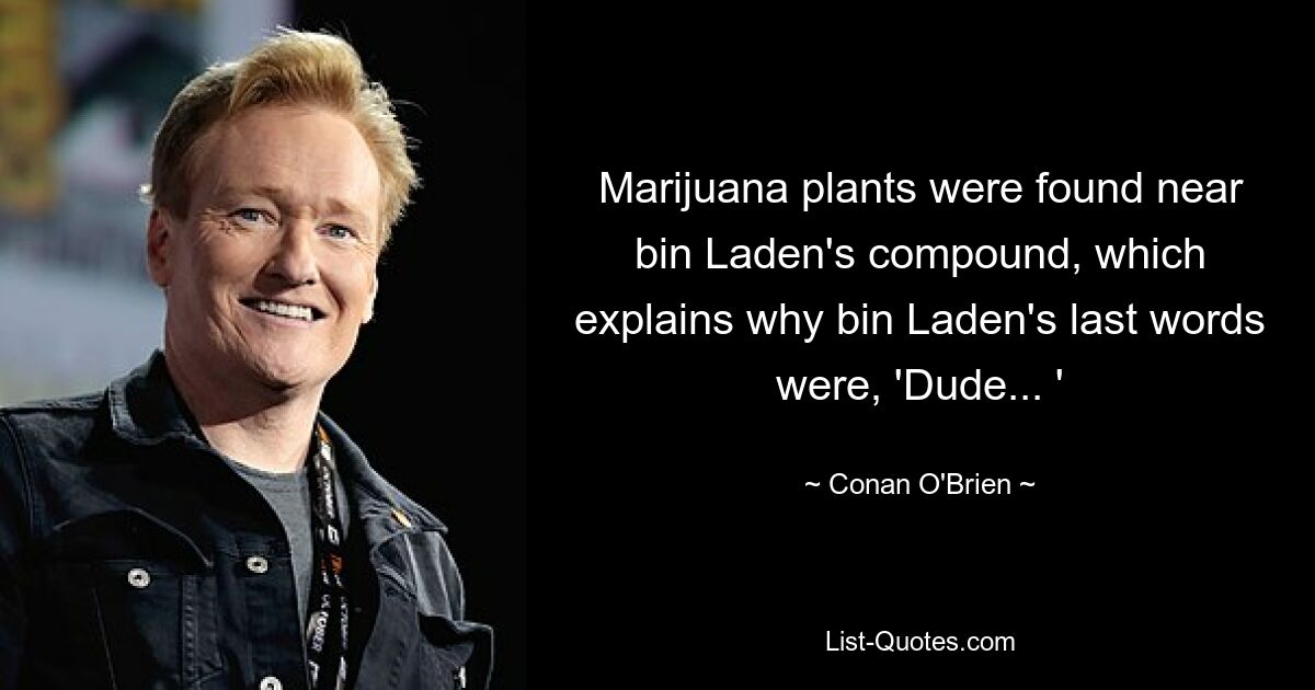 Marijuana plants were found near bin Laden's compound, which explains why bin Laden's last words were, 'Dude... ' — © Conan O'Brien