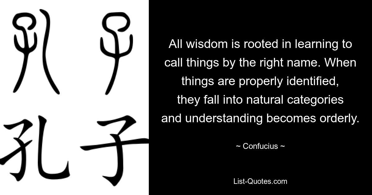 All wisdom is rooted in learning to call things by the right name. When things are properly identified, they fall into natural categories and understanding becomes orderly. — © Confucius