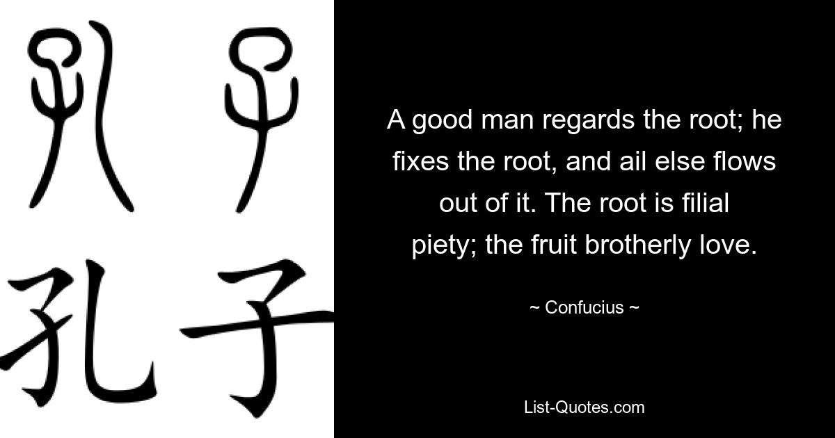 A good man regards the root; he fixes the root, and ail else flows out of it. The root is filial piety; the fruit brotherly love. — © Confucius