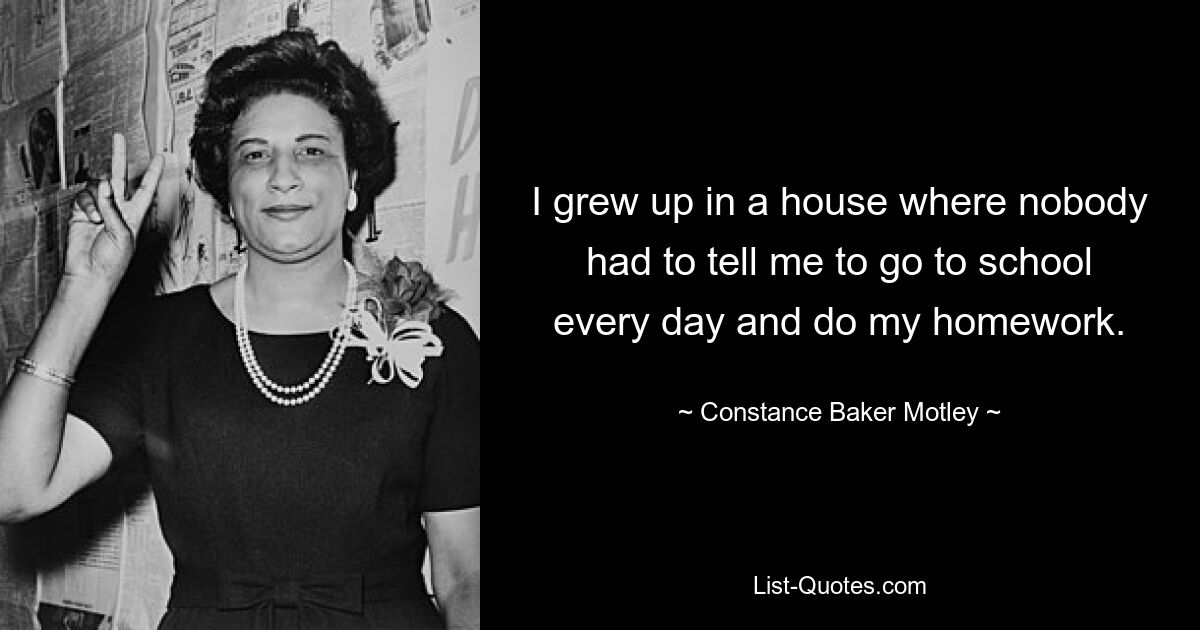 I grew up in a house where nobody had to tell me to go to school every day and do my homework. — © Constance Baker Motley