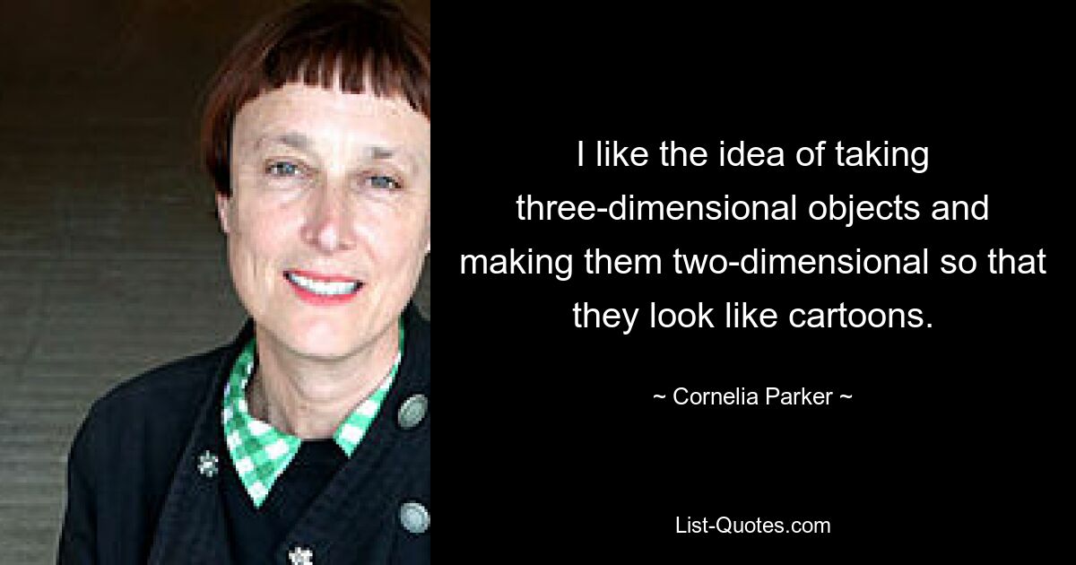 I like the idea of taking three-dimensional objects and making them two-dimensional so that they look like cartoons. — © Cornelia Parker