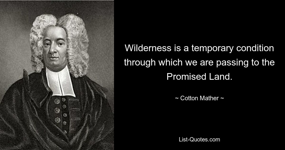 Wilderness is a temporary condition through which we are passing to the Promised Land. — © Cotton Mather