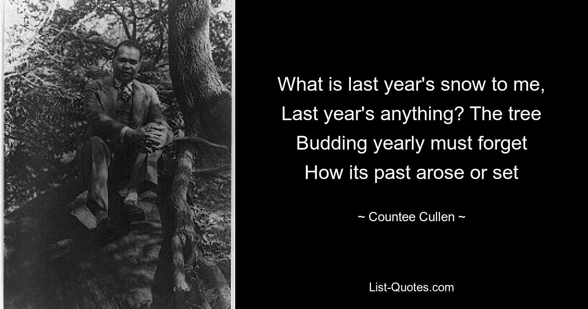 What is last year's snow to me,
Last year's anything? The tree
Budding yearly must forget
How its past arose or set — © Countee Cullen